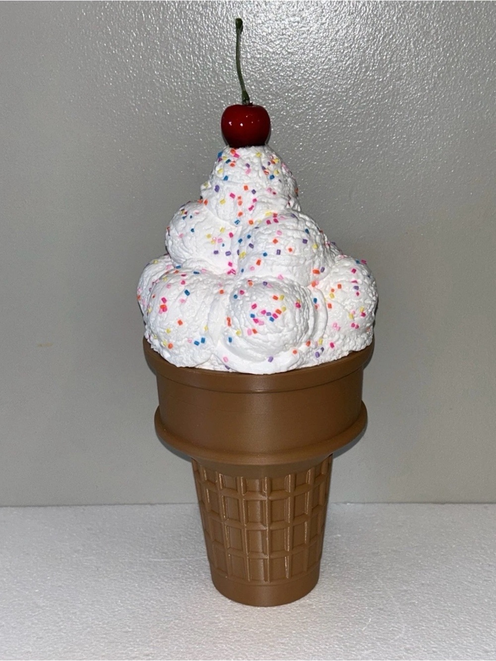 Decorative White Fake Giant Ice Cream Cone Accent with Red Cherry - Handmade